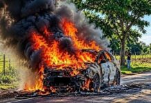 Carro é destruído por incêndio na área rural de distrito