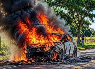 Carro é destruído por incêndio na área rural de distrito
